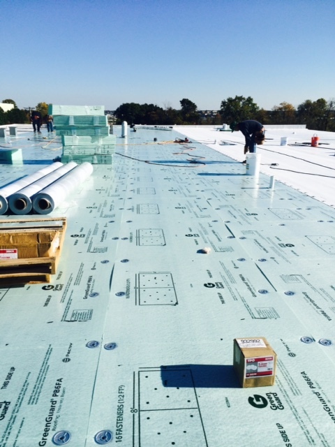 TPO membrane and GreenGuard insulation board installation in progress on commercial flat roof — Toledo Ohio